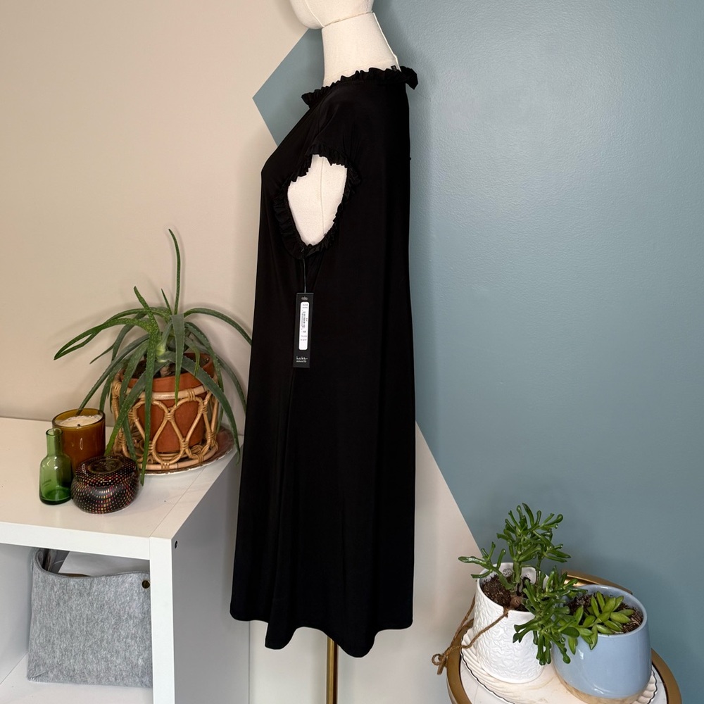 Nicole Miller New York 1X Black Ruffle Mock Neck Sleeveless A-Line Dress Stretch - Picture 3 of 12